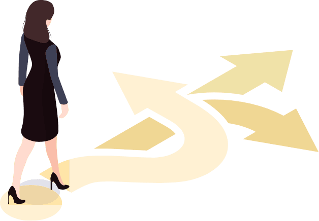 3方向に伸びる矢印に向かって歩く女性のイラスト